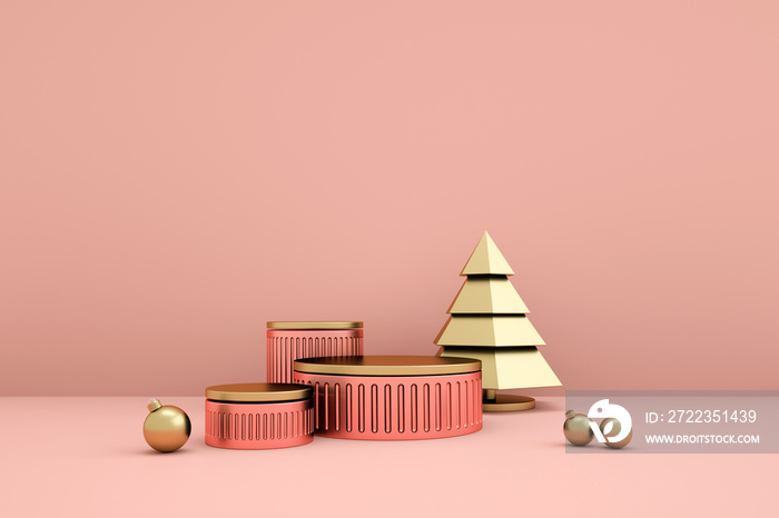 Merry Christmas and Happy New Year 3d rendering with xmas balls, christmas tree, platform for produc