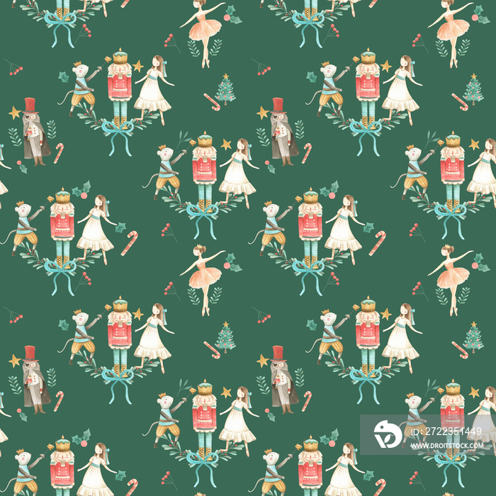 Nutcracker watercolor illustration Christmas pattern