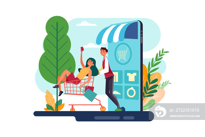 The couple goes shopping chart in a mobile online shop.