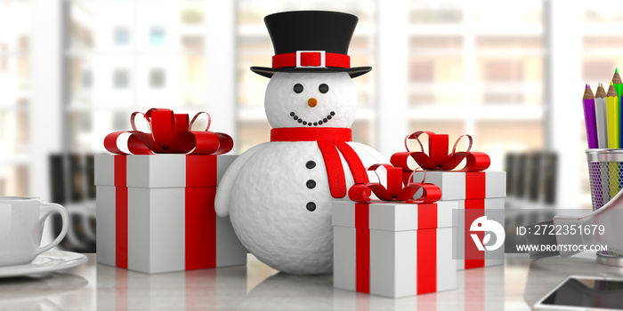 桌子上微笑的雪人模糊的办公室背景和礼物、横幅、3d插图。