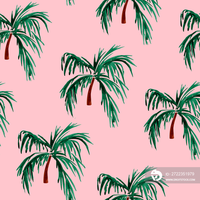 Palm tree watercolor on pink background seamless pattern. Template for decorating designs and illust