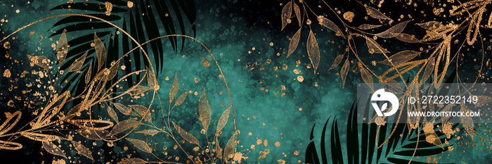 Background with effects and gold paint splatters. Minimalistic style with gold ribbons. Plants with 