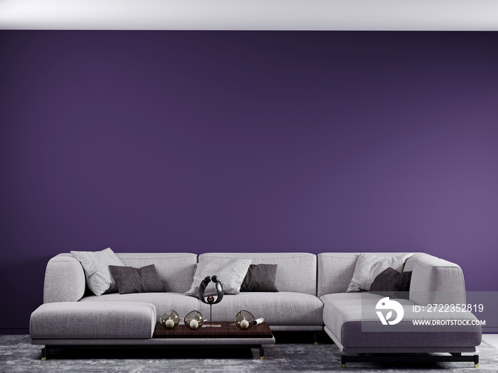 3d渲染图。客厅有一个大沙发和枕头。紫色的墙很有特色。有趣的装饰