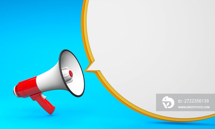 Red megaphone and bubble on a yellow background. Template with copy space for text for design. 3d re