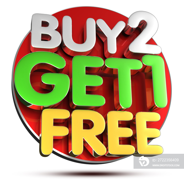 Buy 2 Get 1 Free 3D rendering on white background.(with Clipping Path).