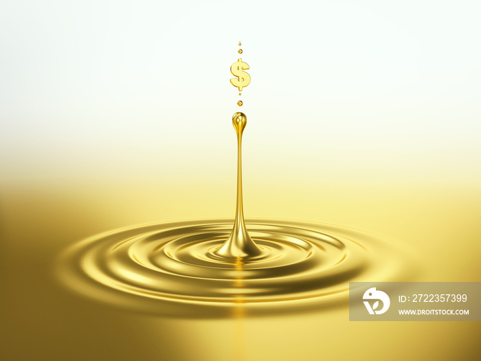 Gold drop and ripple with dollar symbol, success concept, 3d rendering.