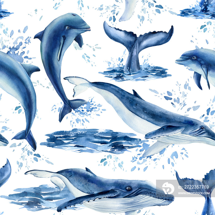 海豚和鲸鱼水彩，自然背景，无缝图案