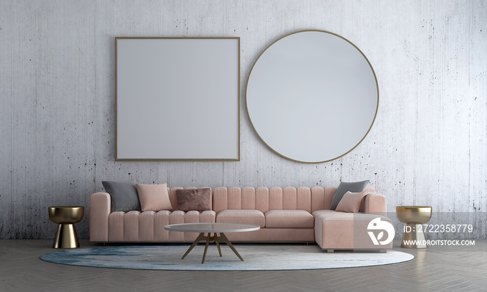 Modern mock up interior living room design from old concrete wall background decor and pink sofa wit