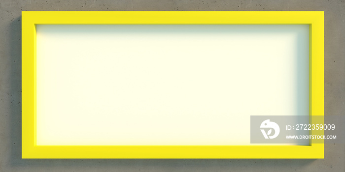 Yellow frame blank board on concrete grey wall background, texture. 3d illustration