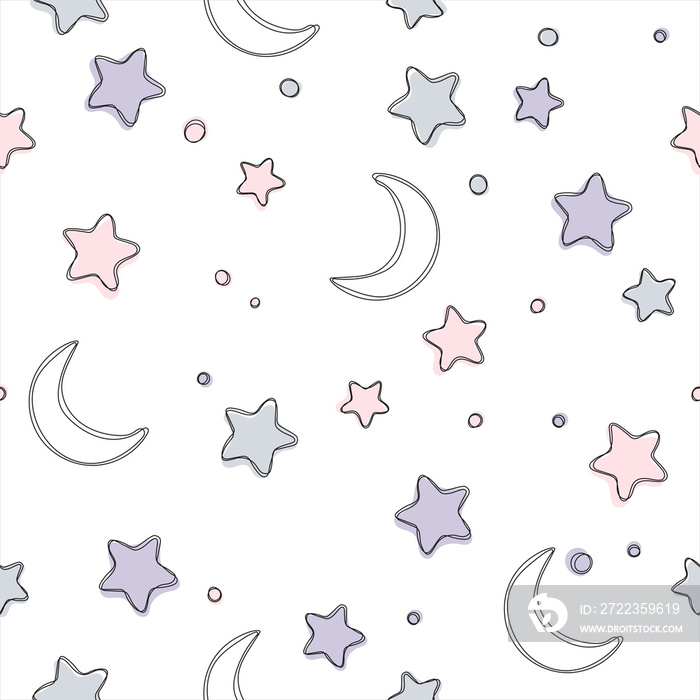 星星和月亮的无缝图案。礼品包装纸、织物、衣服、纺织品的背景，