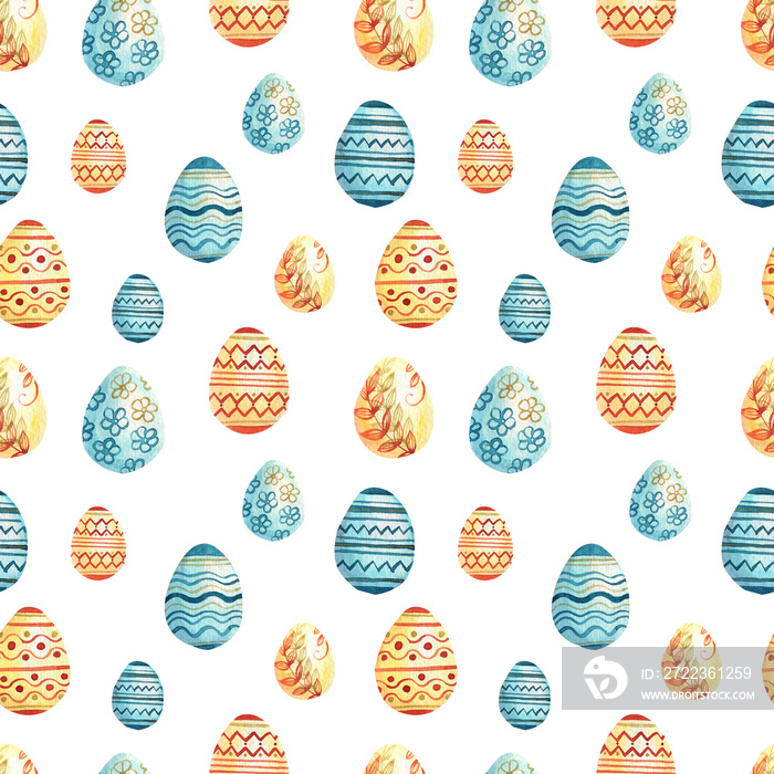 Watercolor seamless pattern with eggs. Easter design, Blue and orange elements. Best for greeting ca