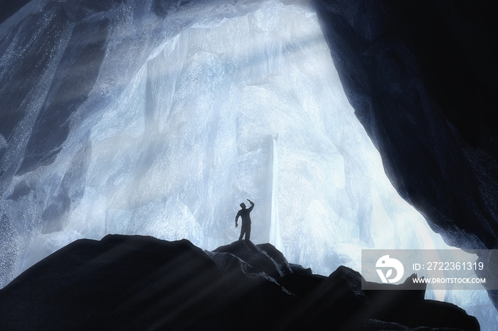 Men Person Silhouette in Blue Crystal Ice Cave and Underground. 3d Rendering