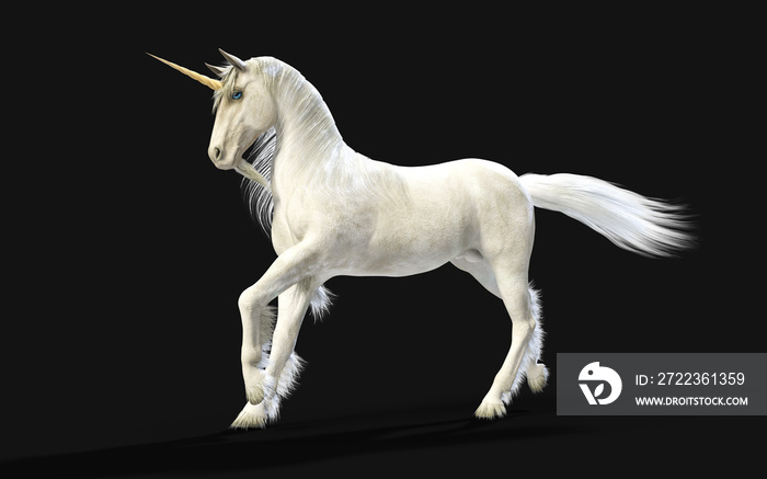 3d Illustration Mythical White Unicorn Posing Isolate on Dark Background with Clipping Path.