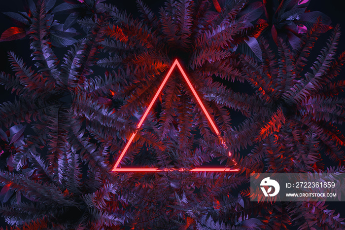 蕨类植物叶子的红色三角形霓虹灯的三维渲染。最小热带风格概念的平面布置
