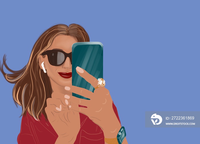 一位时尚女性使用智能手机和无线耳机在线交流的插图