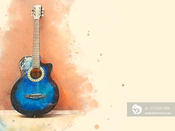 Abstract beautiful acoustic guitar in the foreground on Watercolor painting background and Digital i