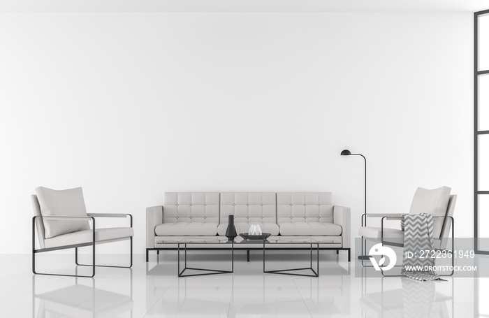 极简风格现代白色客厅3d渲染，用白色织物和黑色金属家具装饰