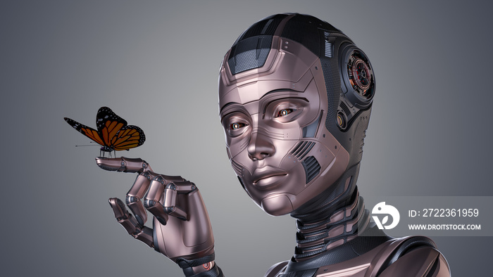 详细的机器人女性或人形网络女孩看着坐在食指上的蝴蝶的三维渲染图