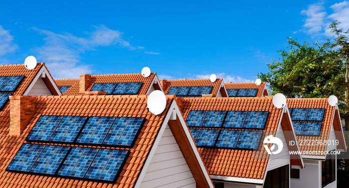 多个带太阳能电池板的城镇房屋屋顶。