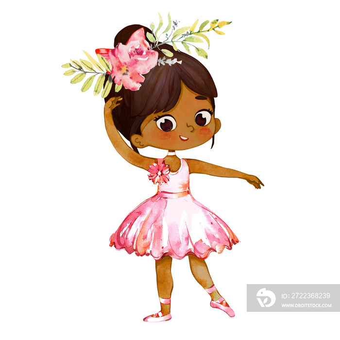 Tiny African American Ballerina Baby Girl Character Dancing Wearing Pink. Elegant Little Girl Child 