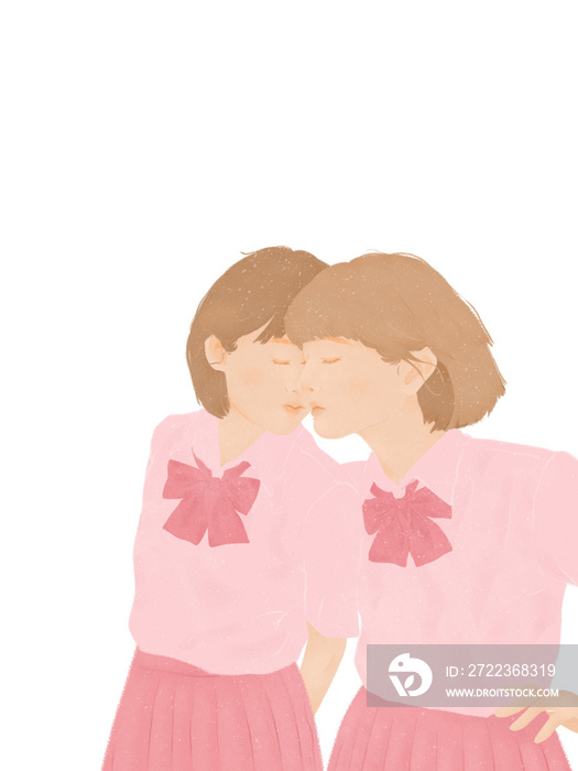 two teenage Asian students kissing young LGBTQ lesbian couple love moments on transparent background