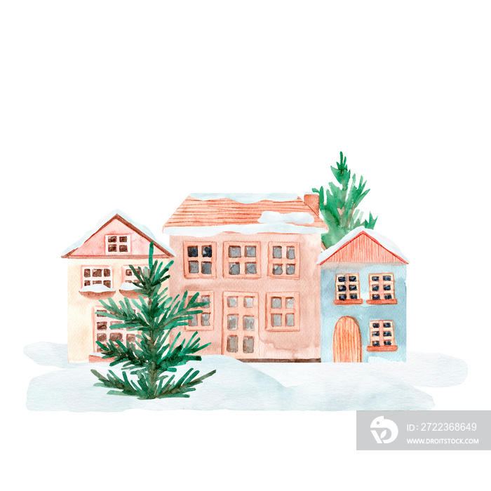 Hand painted watercolor cute house. Isolated on white background. Hand drawn illustration.