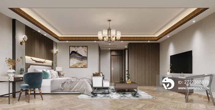 3d render of luxury hotel room, bedroom