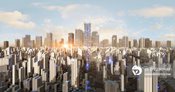 Smart City Aerial 3D Animation. Futuristic 5G Computer Network. Technology And Business Related 3D I