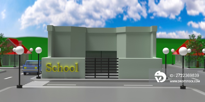 School in a small town, houses and streets background, 3d illustration