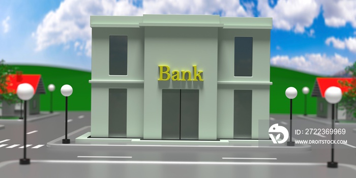 Bank building in a small town, houses and streets background, 3d illustration