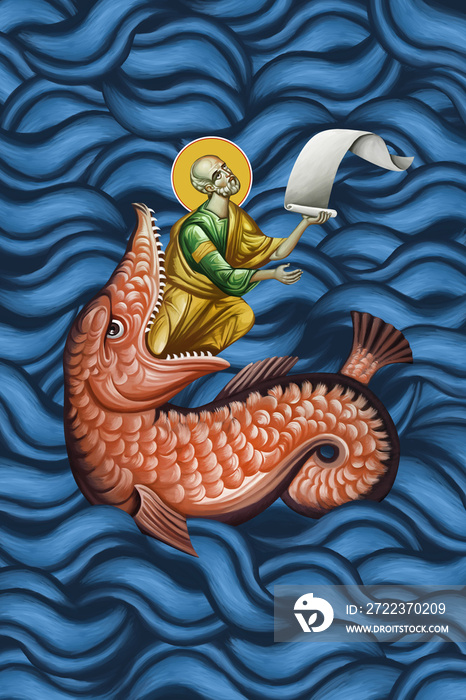 The prophet Jonah and the Whale. Jonas leaving a fish. Illustration - fresco in Byzantine style.