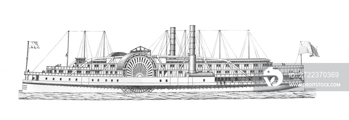 刻在旧书《迈耶斯词典》中的蒸汽船，1897年第4卷，莱比锡