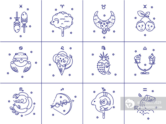 一套十二生肖、星星、星座，蓝底金黄色。标志、纹身或