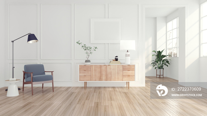 Modern minimal room with armchair and floor lamp, white sideboard and picture frame , white pattern 