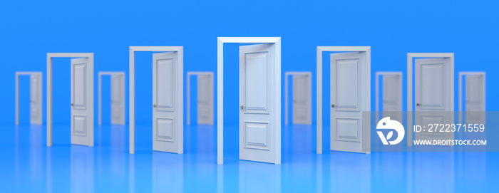 Set of white wooden open doors. There are many ways to choose. Decision making concepts, different p