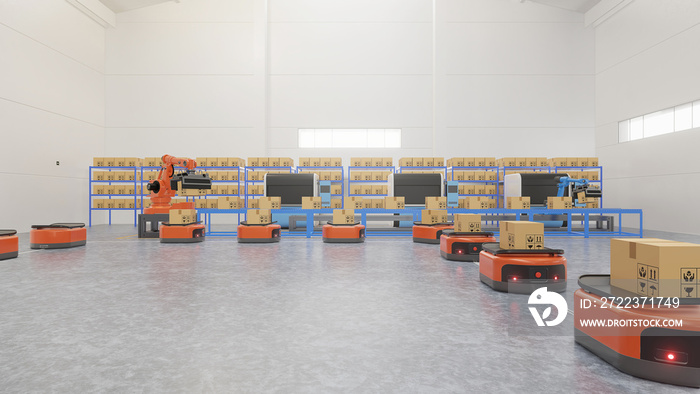 Factory Automation with AGV and robotic arm in transportationto increase transport more with safety.