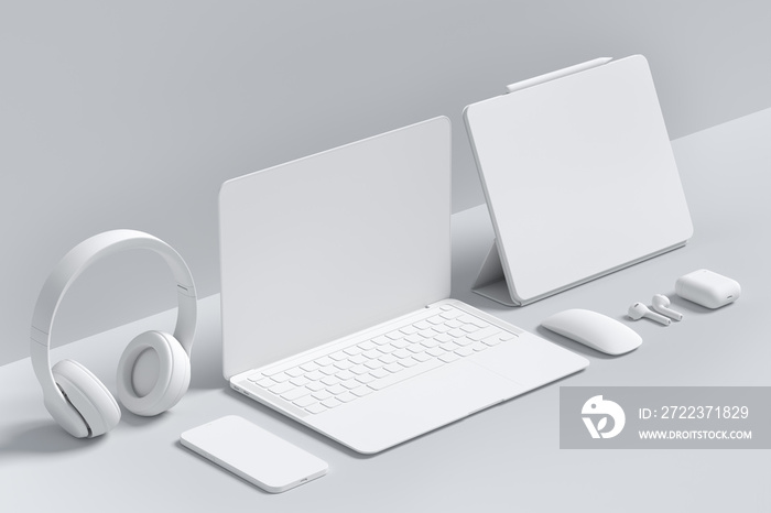 Realistic monochrome laptop with graphic tablet, mouse, headphones and phone