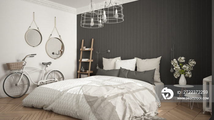 斯堪的纳维亚极简主义卧室，带大窗户和人字形镶木地板，白色和灰色内饰des