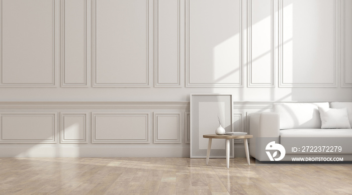 View of white living room in classic style with furniture on bright laminate floor.Perspective of mi