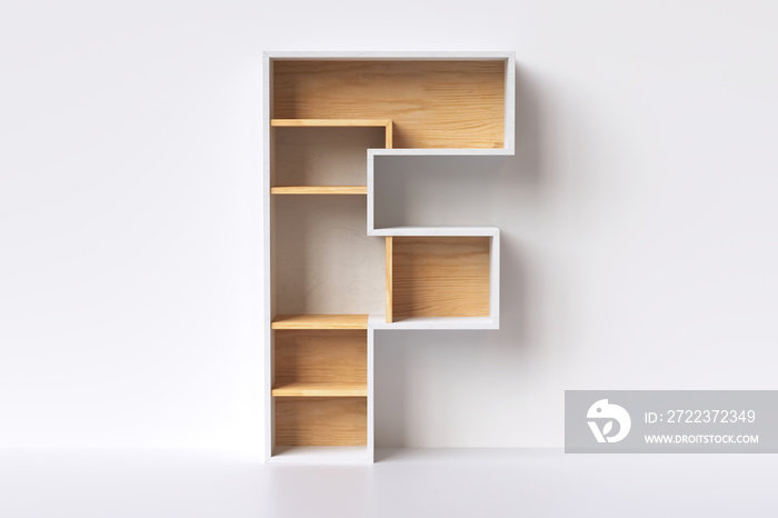 Wood shelf font 3D rendering letter “F” nice for an interior design concept.