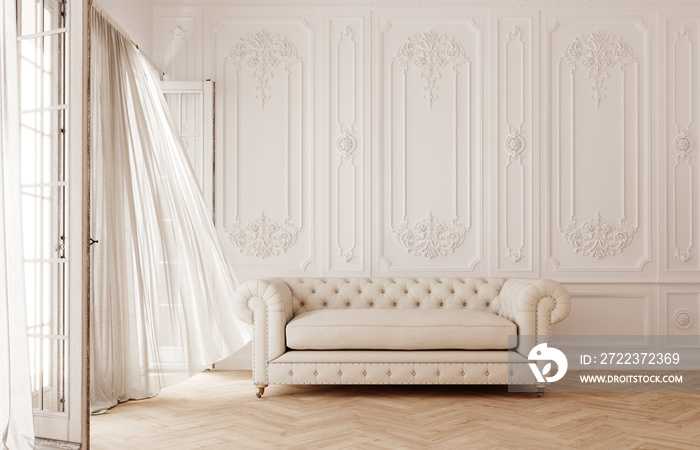 经典白色室内设计白色沙发和窗帘3D渲染，3D插图