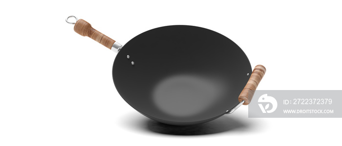 Empty wok with wooden handles isolated on white background. 3d illustration