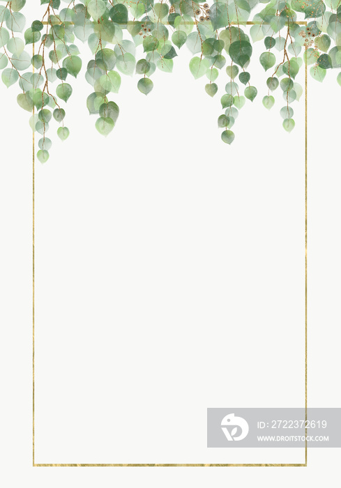 Pale leaves - botanical design banner. Floral pastel watercolor border frame.