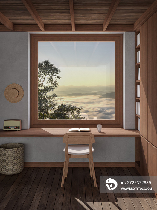 早上靠窗的读书桌，外面是雾海和山景的3d渲染图，Ther