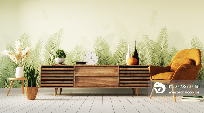 Tropical interior design of living room with wooden sideboard and a chair next to it, 3d rendering