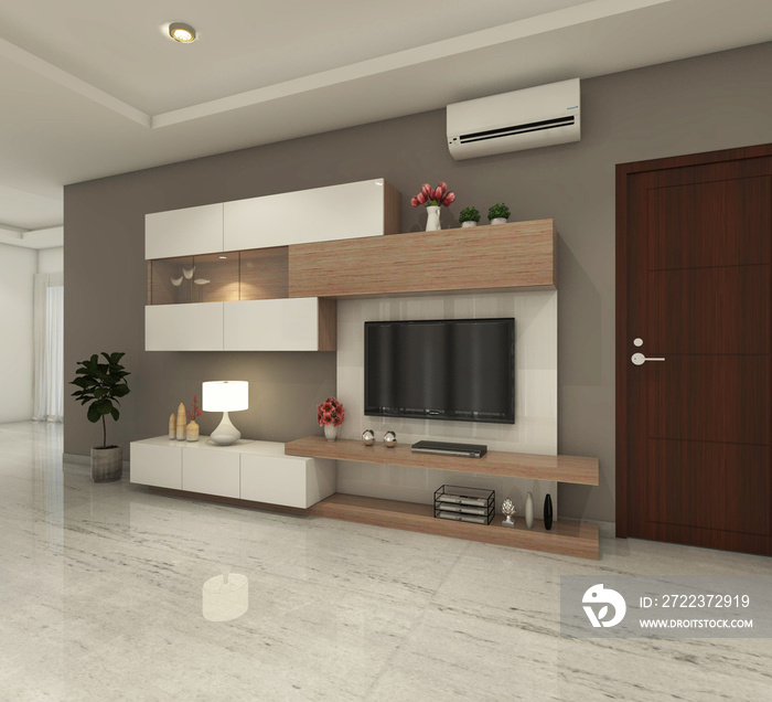 Television Cabinet design with back panel and storage boxs. Suitable for modern living room.