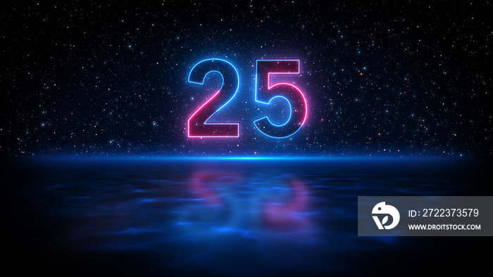 Number 25 Neon Light Style With Shadow On Blue Light Water Surface Against Dark Starry Sky Of The Sp