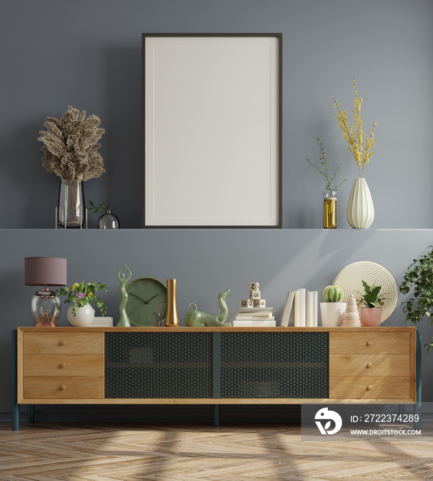 Mock up poster in modern living room interior design with dark blue empty wall.