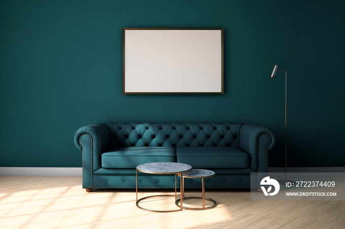 Mock-up frame in dark green home interior with sofa, coffee table and floor lamp. Modern classic int