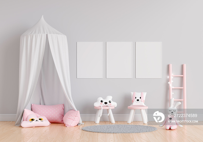 Gray child room with three frame mockup, 3D rendering